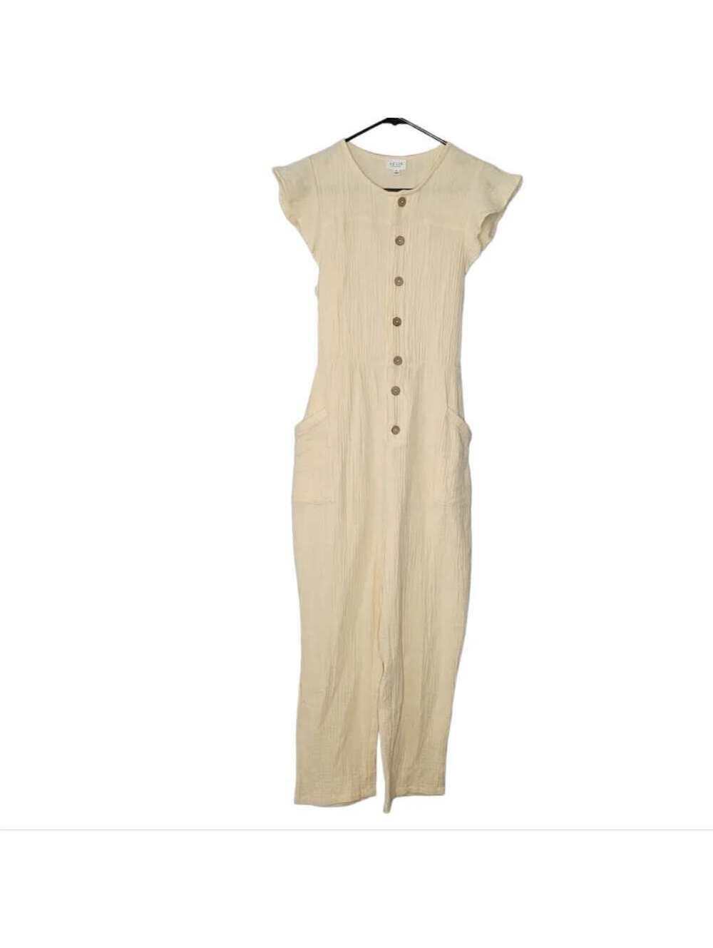 Le Lis Collection Cream Gauze Button Front Flutter Sleeve Jumpsuit